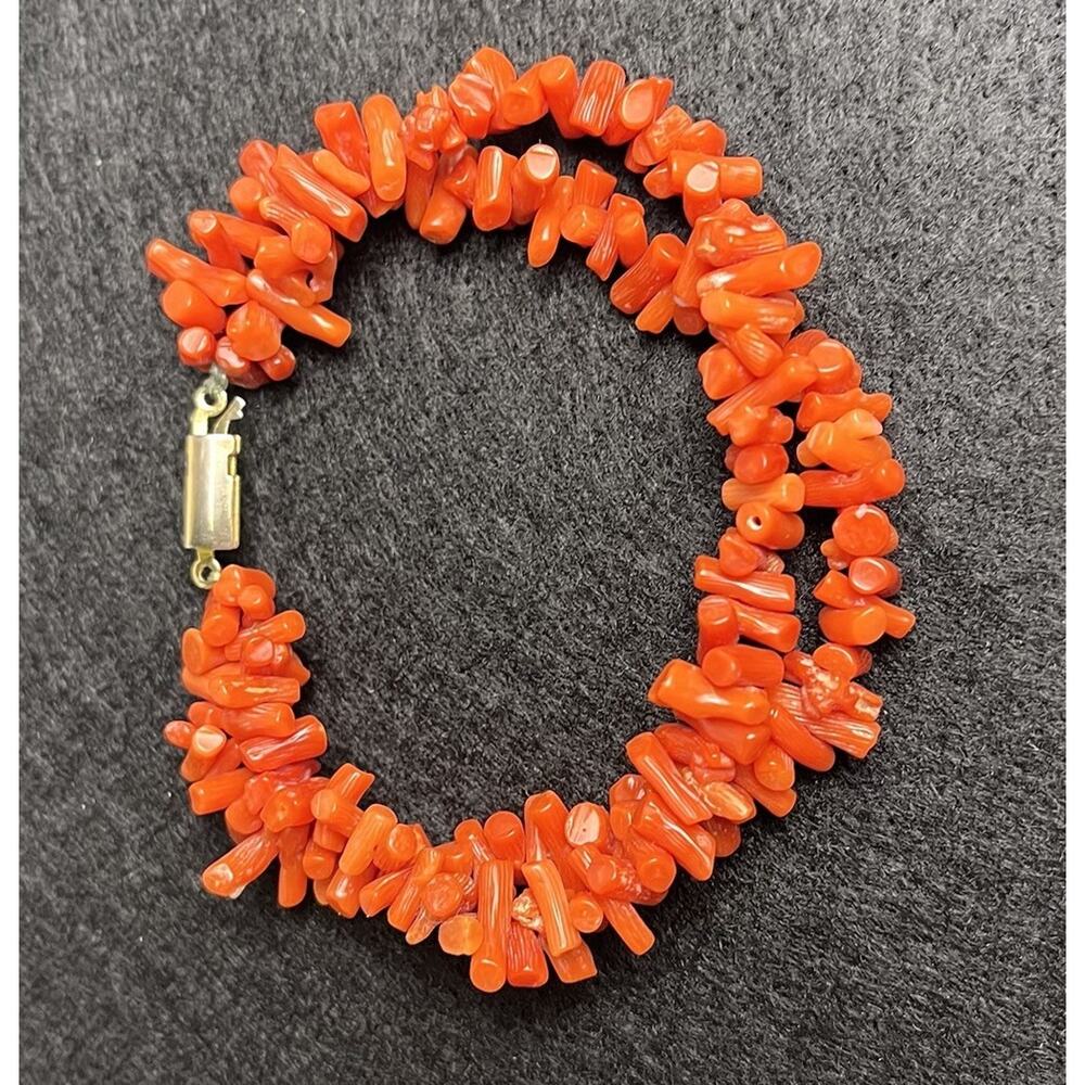 Branch Coral Double Stranded Bracelet Orange Red Gold Tone Clasp 6" Vintage